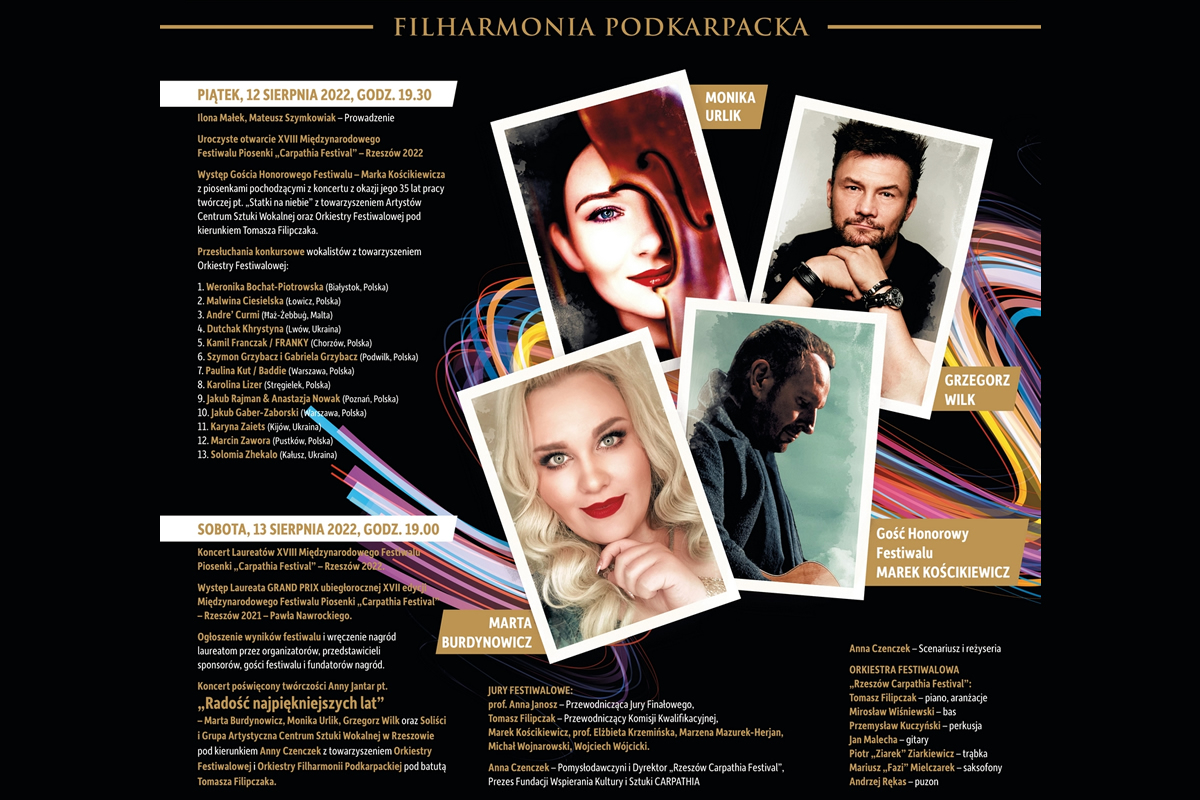 Program XVIII MIĘDZYNARODOWEGO FESTIWALU PIOSENKI „CARPATHIA FESTIVAL” – RZESZÓW 2022